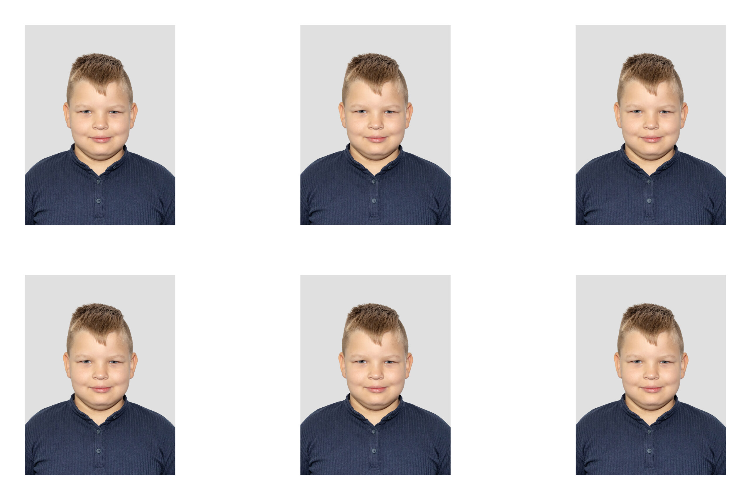 Grid of head-and-shoulder portraits of a smiling boy in a navy shirt against a gray background.